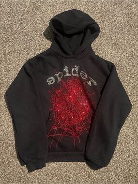 BONGO Black Hoodie with Red Rhinestone Spiderweb
